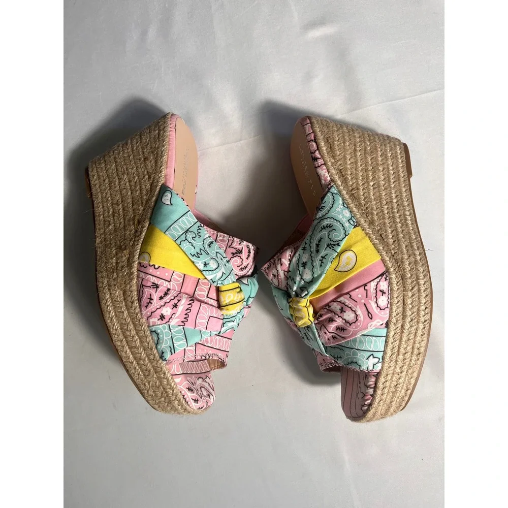 London Fog Heidi Paisley Bandana Espadrille Wedge Sandals Pink Blue Yellow 10M